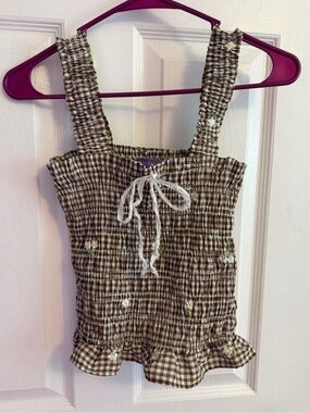 Lotus & Lavender- Brown Gingham Smocked Tank Top w/ White Floral Embroidery-Sz S